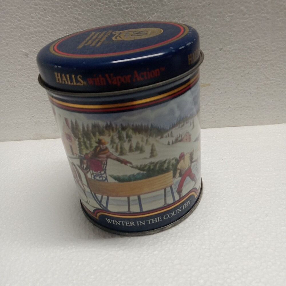 Vintage HALLS with Vapor Action WINTER IN THE COUNTRY 80 Years EMPTY TIN